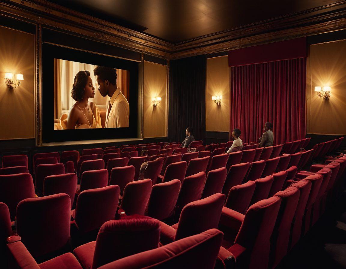 A captivating and elegant scene depicting a dimly lit cinema with plush velvet seats, where a diverse group of intellectuals engage in passionate discussions about black adult cinema. The atmosphere exudes intimacy and depth, with warm golden lighting casting soft shadows. Include subtle visuals of classic film reels and sensual imagery on the screen in the background. The composition embodies a celebration of sensuality and art, invoking a sense of curiosity and allure. super-realistic. warm tones. cinematic atmosphere.