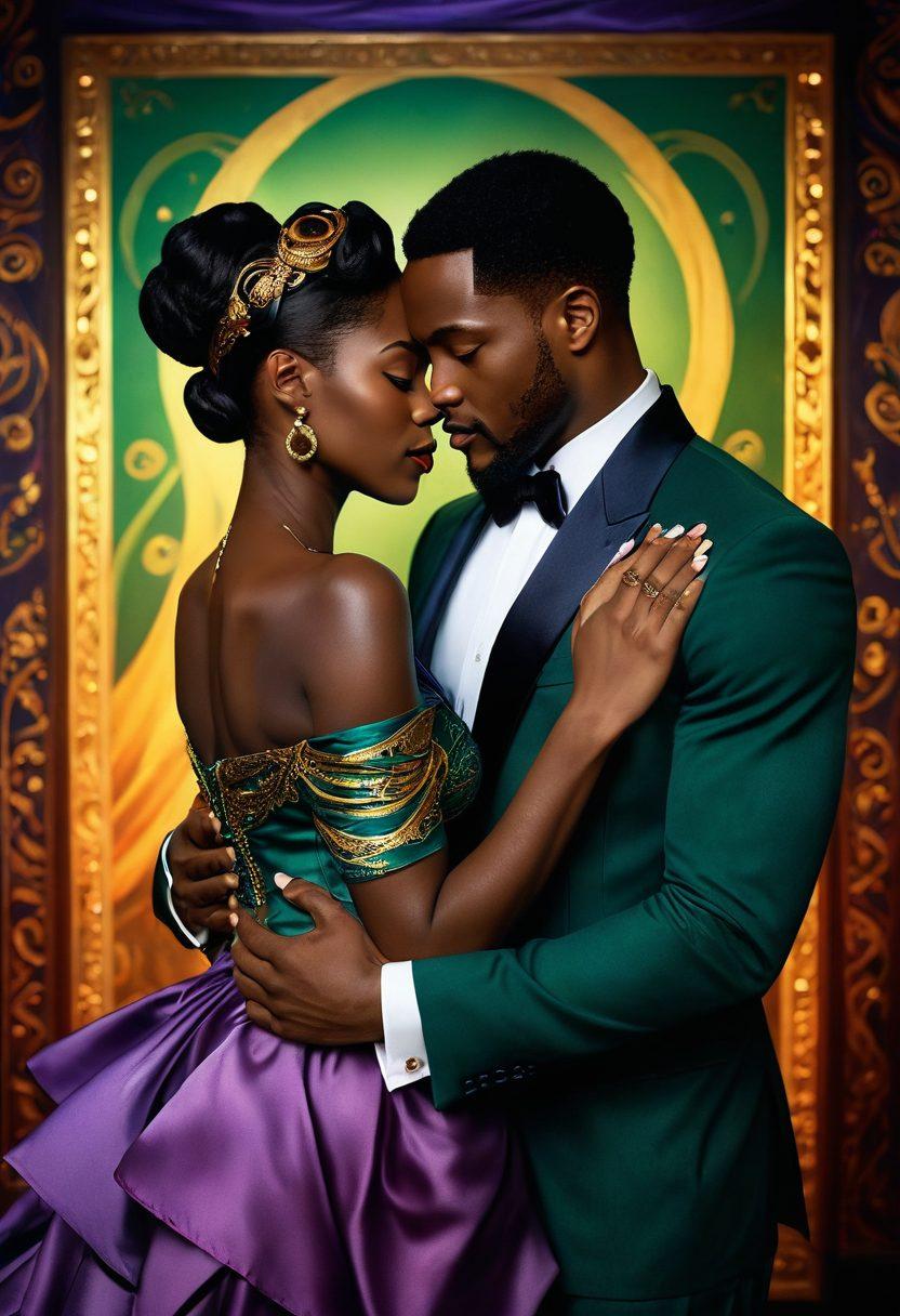 A luxurious, vibrant cinematic scene that blends fantasy and sensuality, featuring an elegant African American couple in an intimate embrace, surrounded by ethereal, swirling fabrics of rich colors. The background features hints of classic film reels and subtle cultural motifs, symbolizing the heritage and evolution of African American adult cinema. Incorporate a soft glow to enhance the allure and warmth of the moment. super-realistic. vibrant colors. cinematic style.
